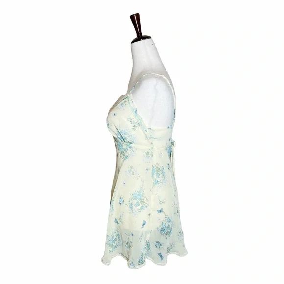 Vintage Y2K Fairycore Pale Yellow & Blue Floral Butterfly Chiffon Slip Dress - Picture 4 of 6